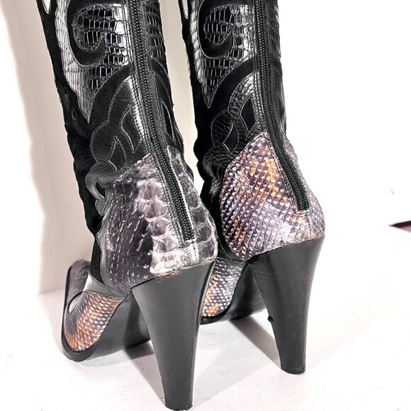 Steve Madden Rare Blk/Grey Cowboy Western High Heel Pointed Toe Leather Boot 8 - Picture 11 of 15